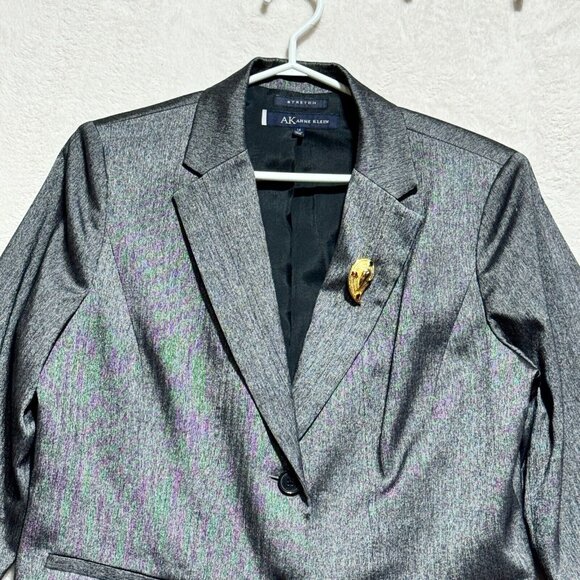 Anne Klein Blazer Coat Gray/Silver 2 Button 2 Pocket w/ Gold Pin Women's Size 14 - Picture 2 of 13